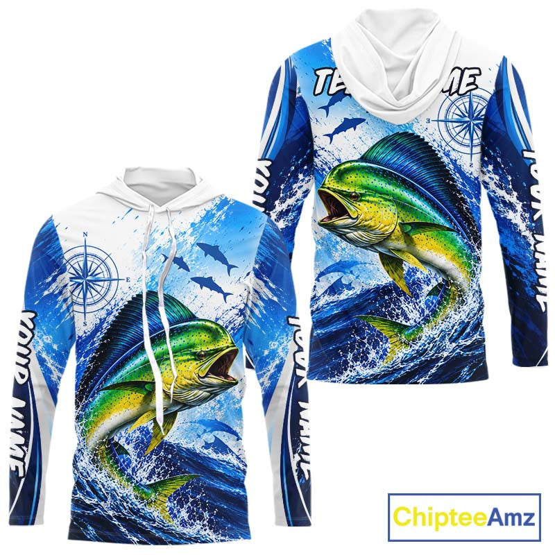 Personalized Mahi Mahi Blue Long Sleeve Hooded Performance Fishing Shirts, Mahi Mahi Tournament Shirt