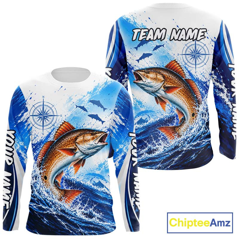 Personalized Redfish Blue Long Sleeve Performance Fishing Shirts, Redfish Tournament Shirt