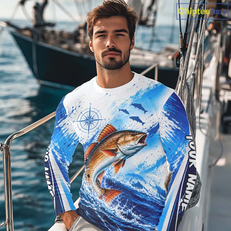 Personalized Redfish Blue Long Sleeve Performance Fishing Shirts, Redfish Tournament Shirt