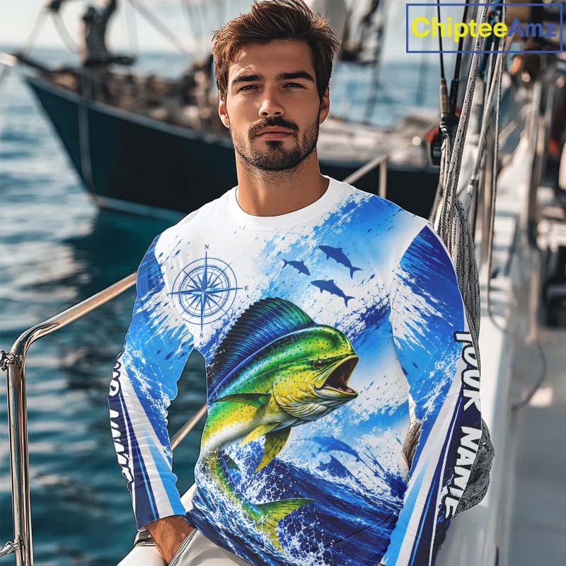 Personalized Mahi Mahi Blue Long Sleeve Performance Fishing Shirts, Mahi Mahi Tournament Shirt