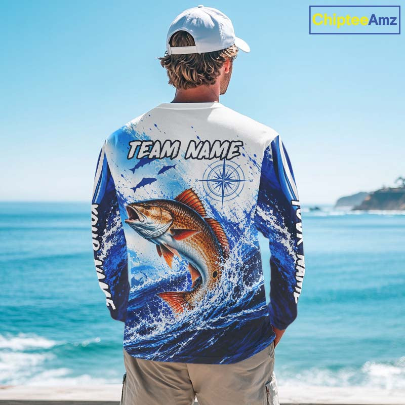 Personalized Redfish Blue Long Sleeve Performance Fishing Shirts, Redfish Tournament Shirt