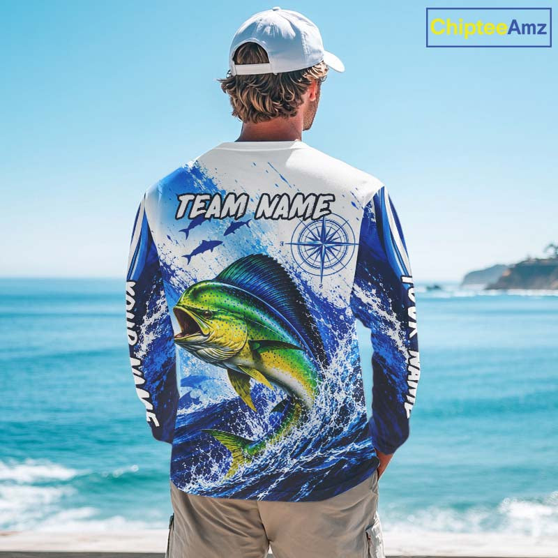 Personalized Mahi Mahi Blue Long Sleeve Performance Fishing Shirts, Mahi Mahi Tournament Shirt