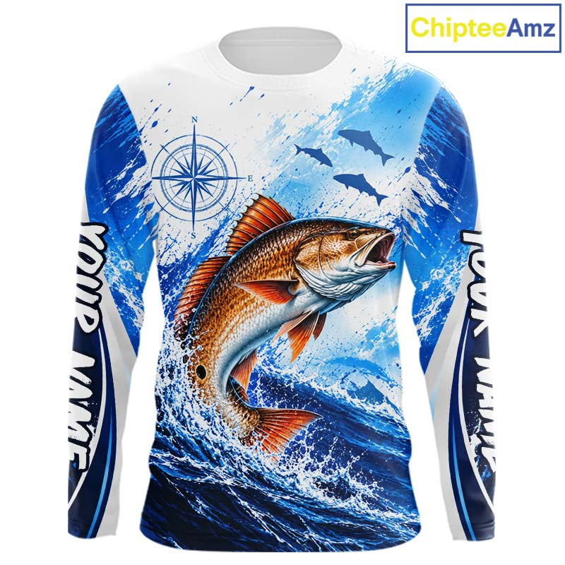 Personalized Redfish Blue Long Sleeve Performance Fishing Shirts, Redfish Tournament Shirt