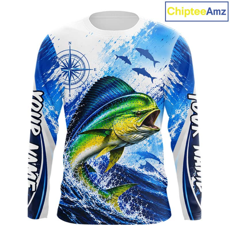 Personalized Mahi Mahi Blue Long Sleeve Performance Fishing Shirts, Mahi Mahi Tournament Shirt