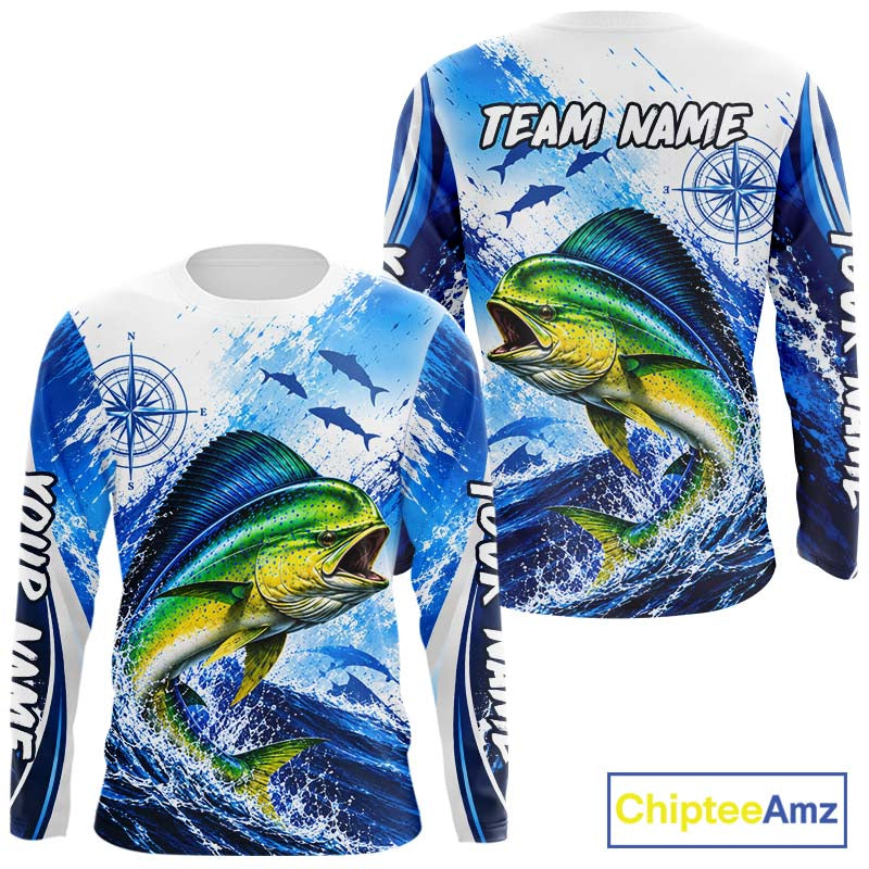 Personalized Mahi Mahi Blue Long Sleeve Performance Fishing Shirts, Mahi Mahi Tournament Shirt