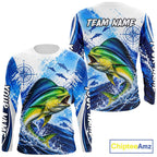Personalized Mahi Mahi Blue Long Sleeve Performance Fishing Shirts, Mahi Mahi Tournament Shirt