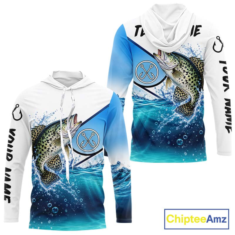 Blue Camo Crappie Fishing Performance Long Sleeve Hooded Team Crappie Fishing Tournament Shirts