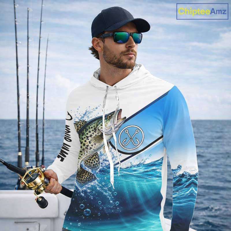 Blue Camo Crappie Fishing Performance Long Sleeve Hooded Team Crappie Fishing Tournament Shirts