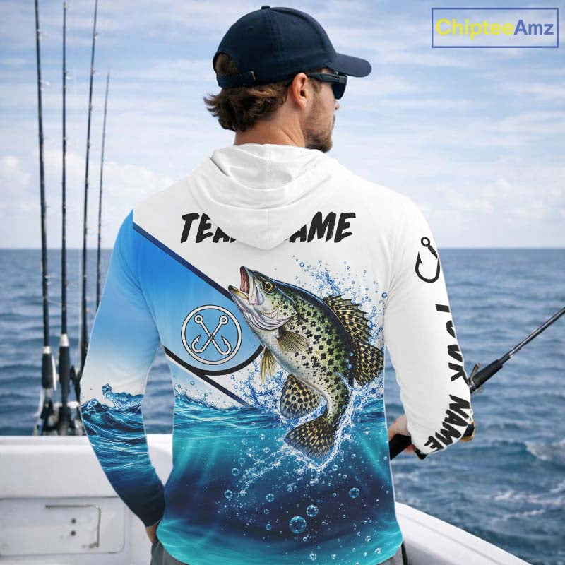 Blue Camo Crappie Fishing Performance Long Sleeve Hooded Team Crappie Fishing Tournament Shirts