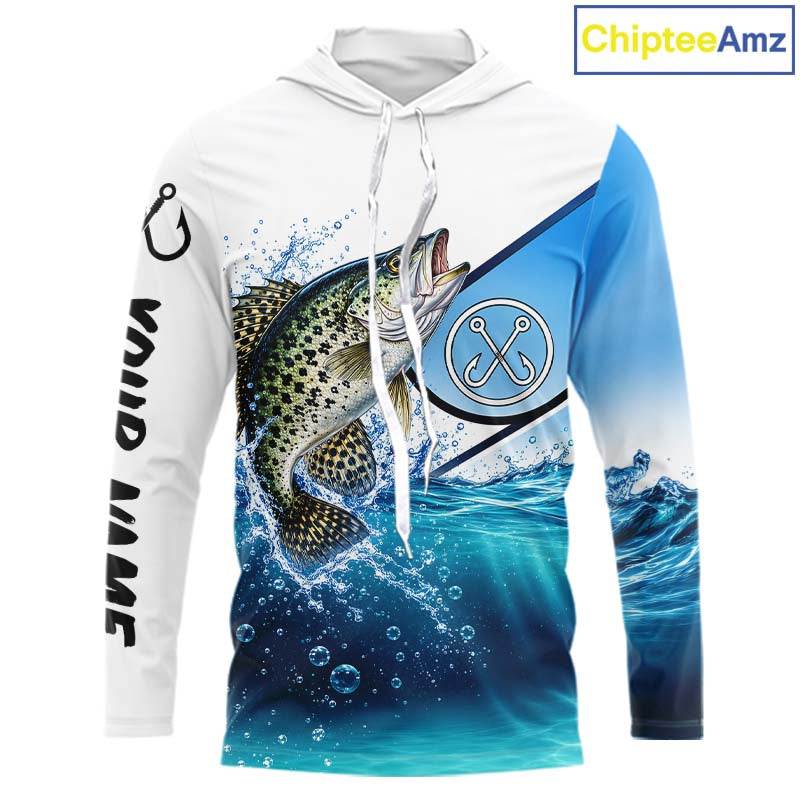 Blue Camo Crappie Fishing Performance Long Sleeve Hooded Team Crappie Fishing Tournament Shirts
