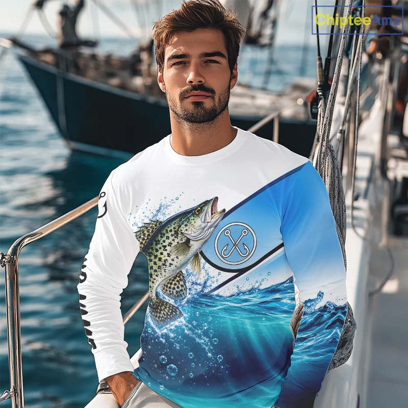 Blue Camo Crappie Fishing Performance Long Sleeve Team Crappie Fishing Tournament Shirts