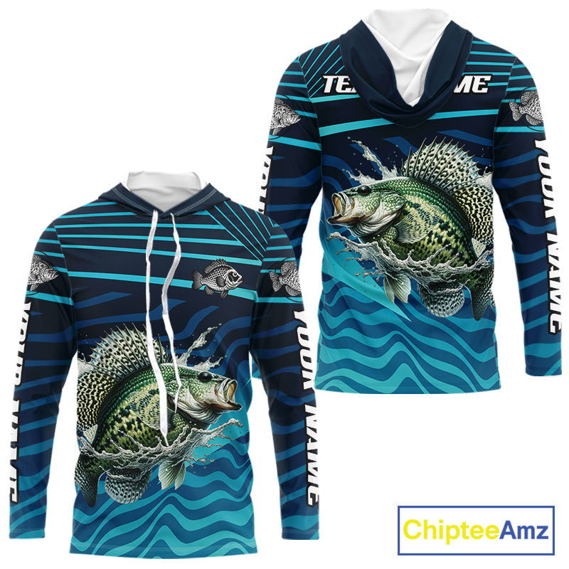Crappie Fishing Custom Name UV Protection Long Sleeve Hooded Fishing Shirts, Crappie Team Fishing Jerseys