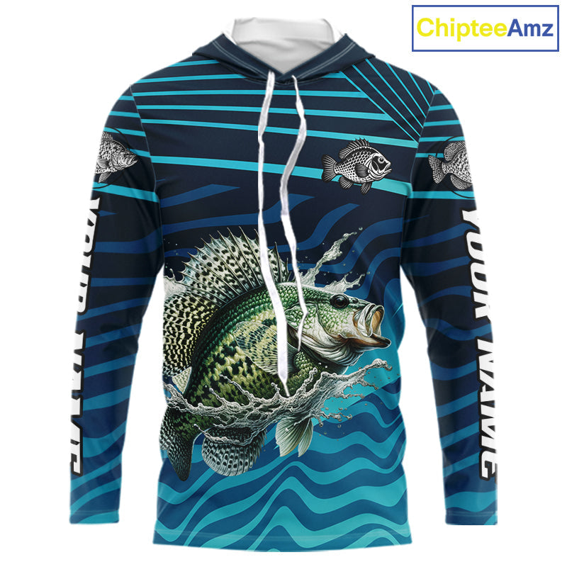Crappie Fishing Custom Name UV Protection Long Sleeve Hooded Fishing Shirts, Crappie Team Fishing Jerseys