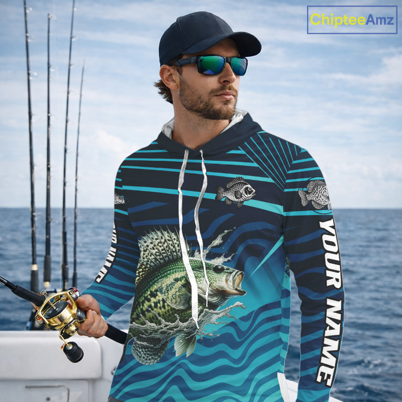Crappie Fishing Custom Name UV Protection Long Sleeve Hooded Fishing Shirts, Crappie Team Fishing Jerseys