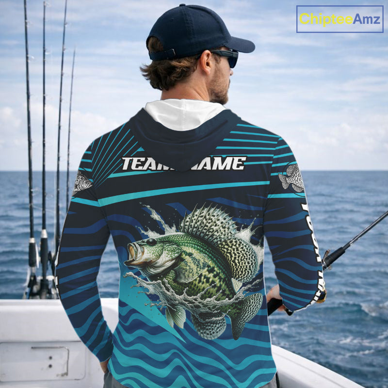 Crappie Fishing Custom Name UV Protection Long Sleeve Hooded Fishing Shirts, Crappie Team Fishing Jerseys