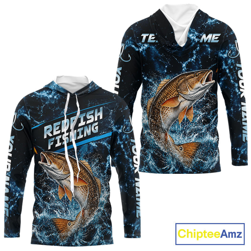 Custom Redfish Fishing Camo Long Sleeve Hooded Fishing Shirts, Personalized Redfish Fishing Team Jerseys