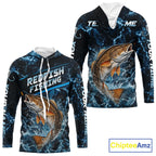 Custom Redfish Fishing Camo Long Sleeve Hooded Fishing Shirts, Personalized Redfish Fishing Team Jerseys