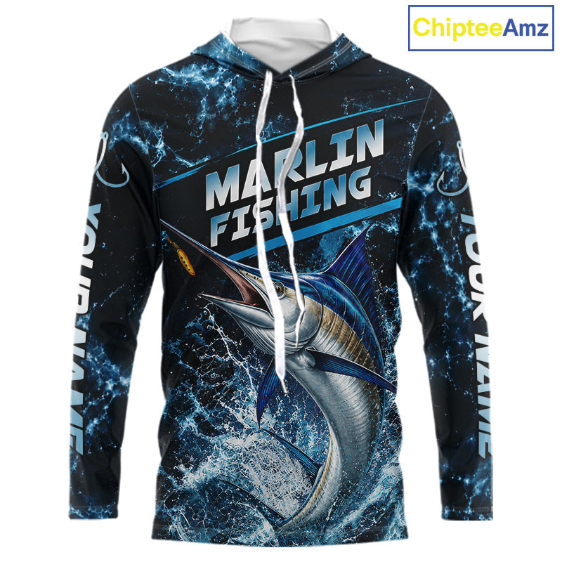 Custom Marlin Fishing Camo Long Sleeve Hooded Fishing Shirts, Personalized Marlin Fishing Team Jerseys