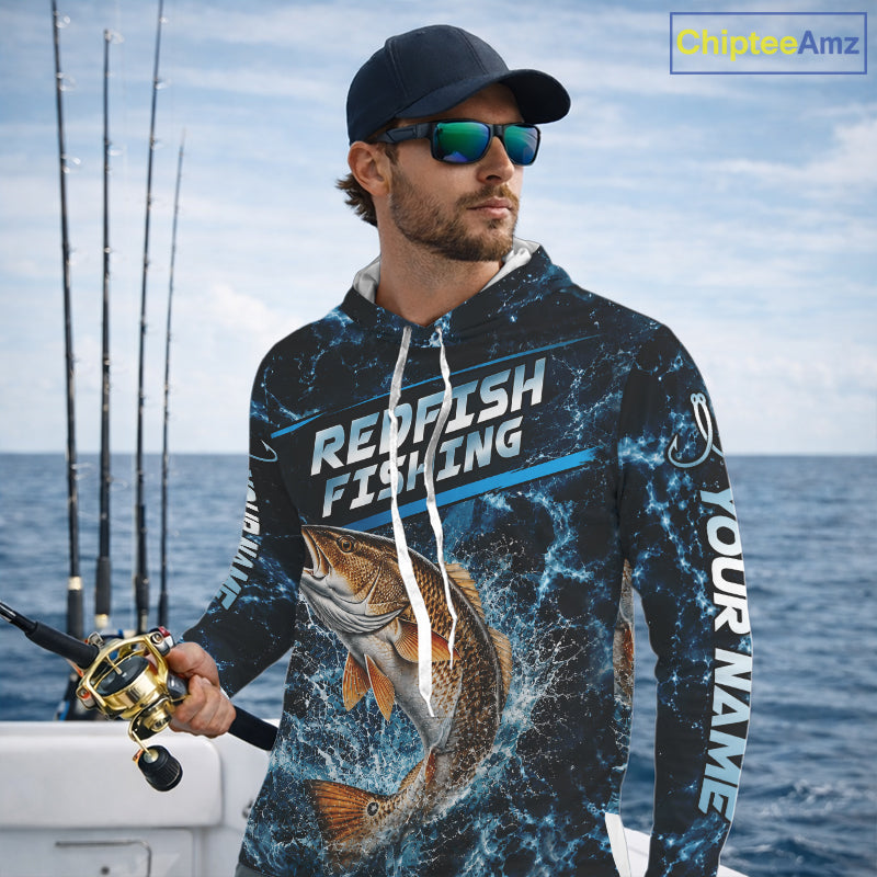 Custom Redfish Fishing Camo Long Sleeve Hooded Fishing Shirts, Personalized Redfish Fishing Team Jerseys