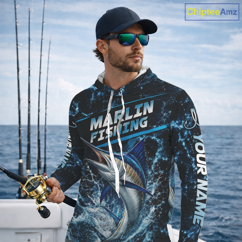 Custom Marlin Fishing Camo Long Sleeve Hooded Fishing Shirts, Personalized Marlin Fishing Team Jerseys