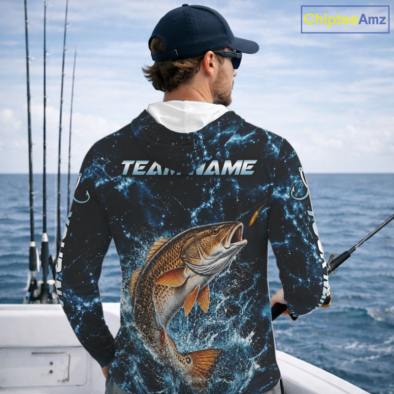 Custom Redfish Fishing Camo Long Sleeve Hooded Fishing Shirts, Personalized Redfish Fishing Team Jerseys