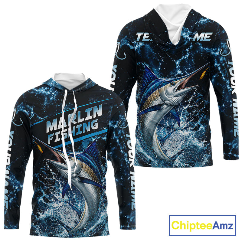 Custom Marlin Fishing Camo Long Sleeve Hooded Fishing Shirts, Personalized Marlin Fishing Team Jerseys