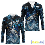 Custom Marlin Fishing Camo Long Sleeve Hooded Fishing Shirts, Personalized Marlin Fishing Team Jerseys
