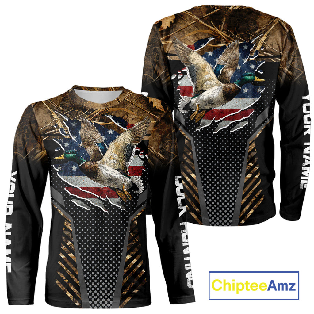 Duck Hunting American Flag Dark Camouflage Shirts, Duck Hunting Gifts