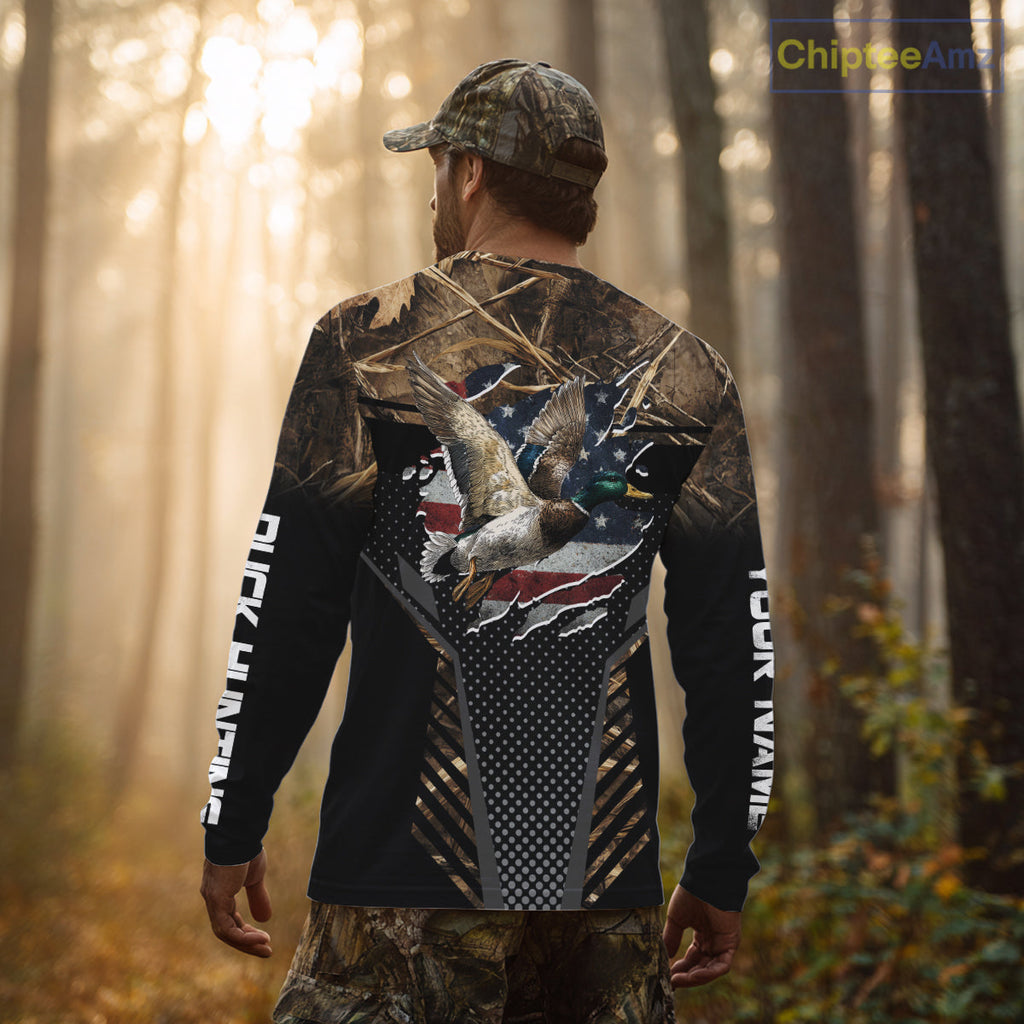 Duck Hunting American Flag Dark Camouflage Shirts, Duck Hunting Gifts