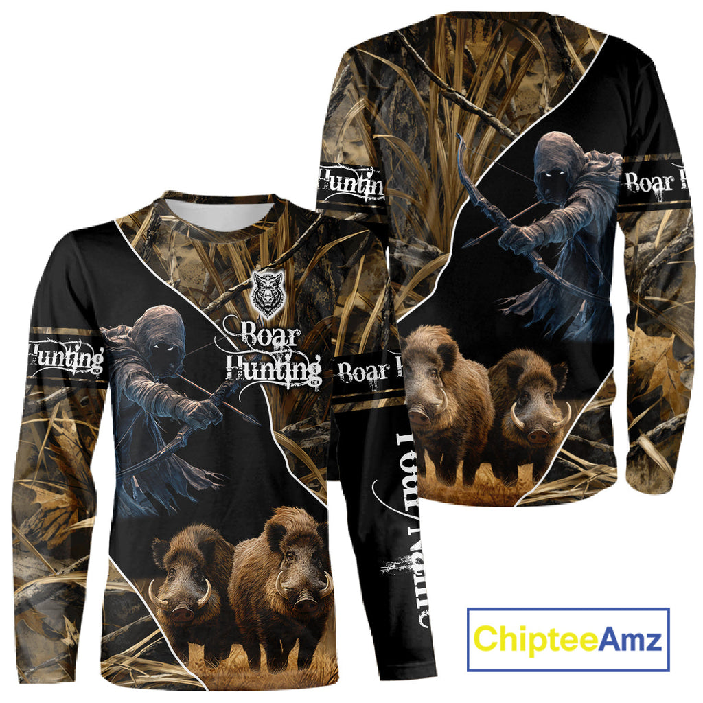 Wild Boar Bow Hunting Grim Reaper Camouflage 3D Shirts, Custom Boar Shirt
