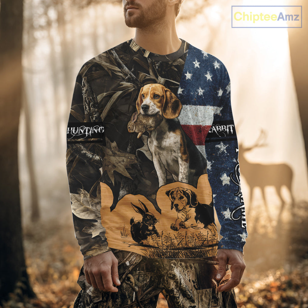 Custom Rabbit Hunting Camo US Flag 3D Shirts for Hunters, Rabbit Hunting Clothing