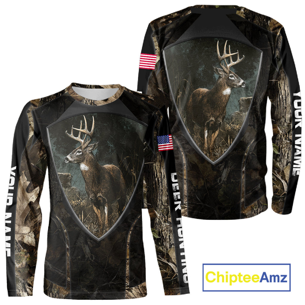 Whitetail Deer Hunting Camo US Flag 3D All Over Printed Shirts, Best Deer Hunting Gifts