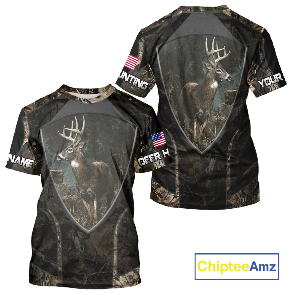 Whitetail Deer Hunting Camo US Flag 3D All Over Printed Shirts, Best Deer Hunting Gifts