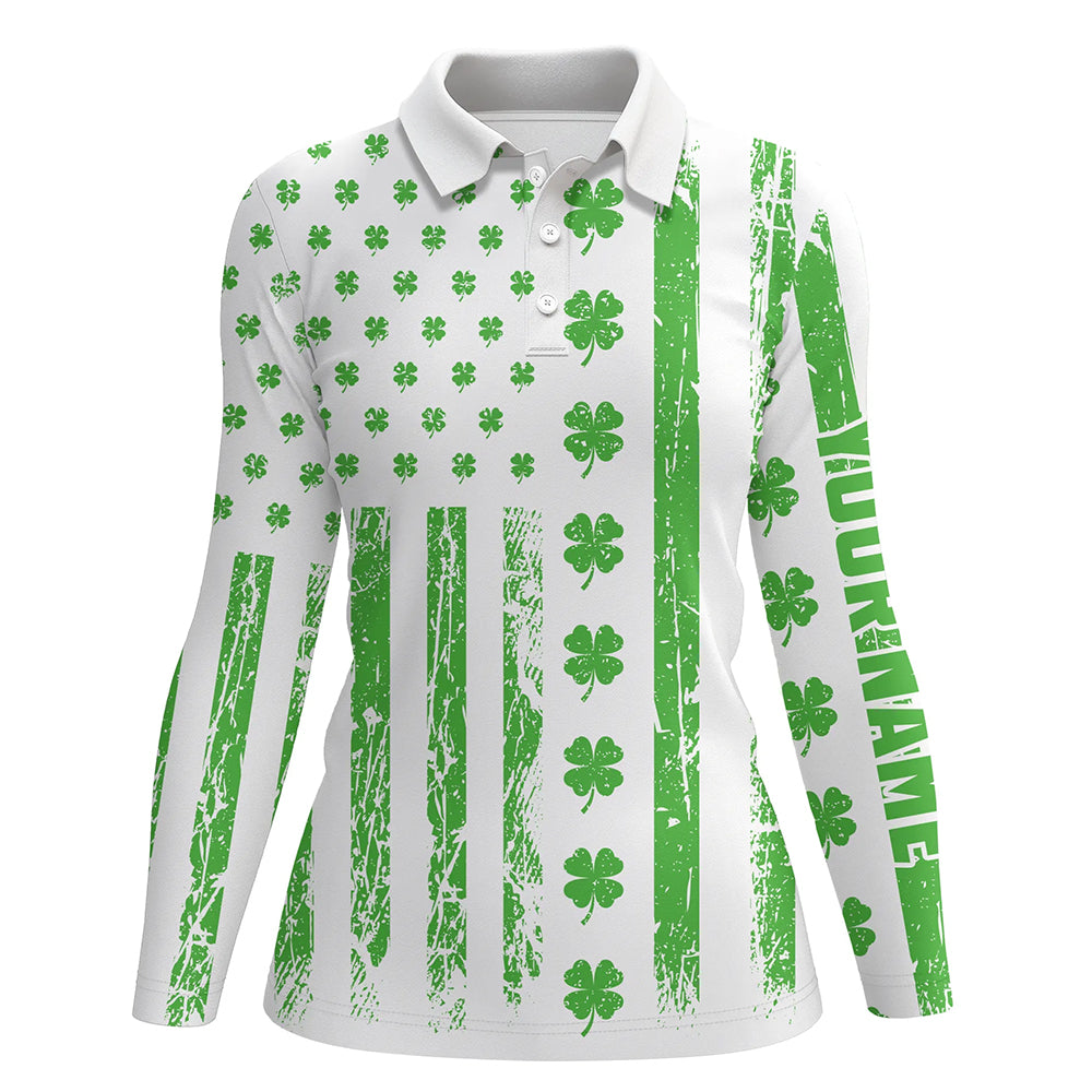 St Patrick's Day American Flag Golf Polos Green Clover Patriotic Golf Tops