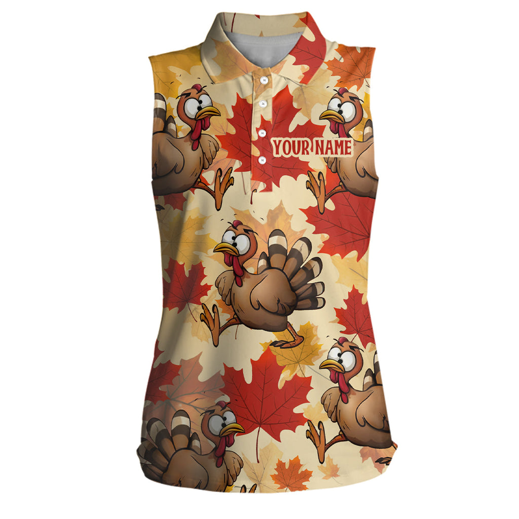 Turkey Thanksgiving Sleeveless Polo Shirt Fall Maple Leaves Custom Golf Tops Golf Gifts