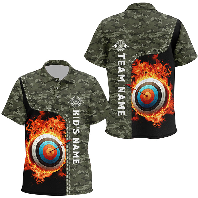Personalized Camouflage Flaming Target Archery 3D Polo Shirts, Custom Archery Team Jerseys