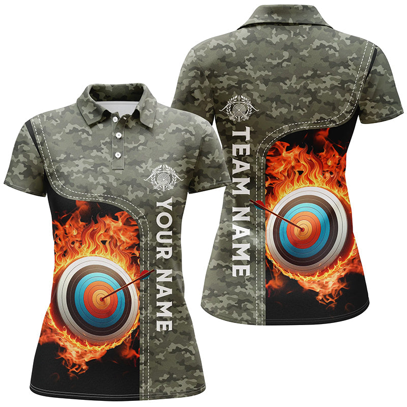 Personalized Camouflage Flaming Target Archery 3D Polo Shirts, Custom Archery Team Jerseys