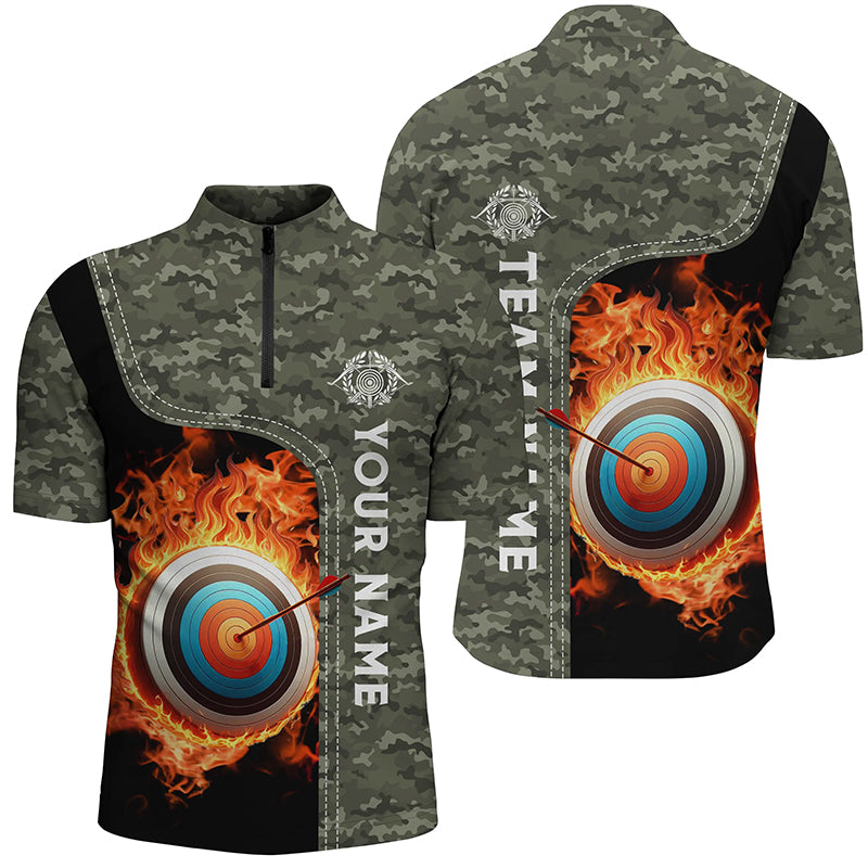Personalized Camouflage Flaming Target Archery 3D Quarter-Zip Shirts, Archery Team Jerseys