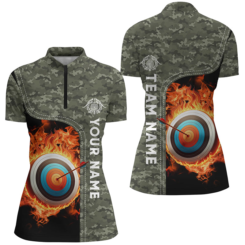 Personalized Camouflage Flaming Target Archery 3D Quarter-Zip Shirts, Archery Team Jerseys