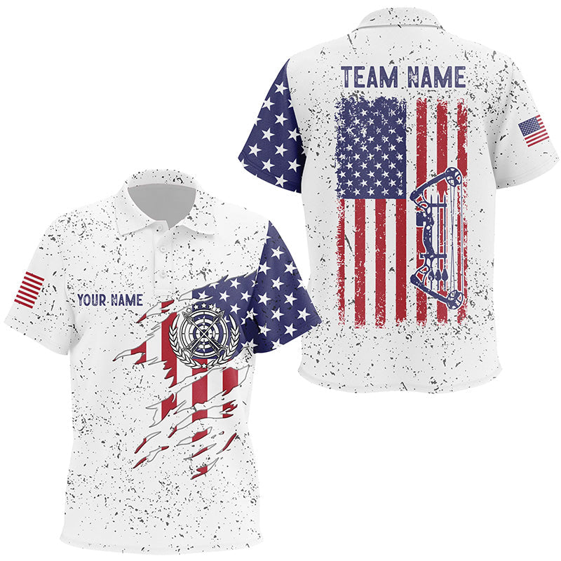 Personalized White Grunge US Flag Target Archery 3D Polo Shirts, Custom Bow Archery Shirts