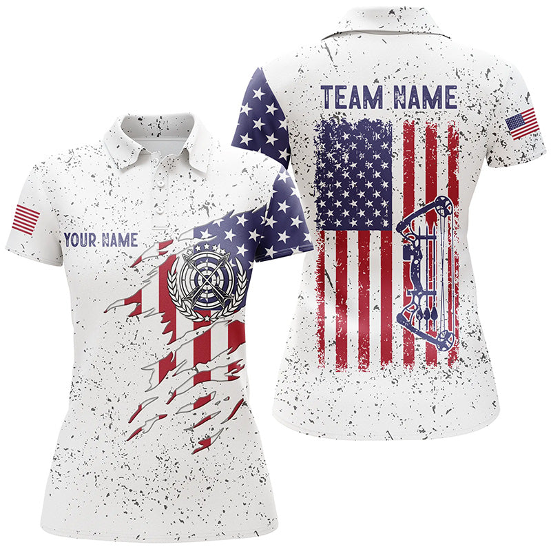 Personalized White Grunge US Flag Target Archery 3D Polo Shirts, Custom Bow Archery Shirts
