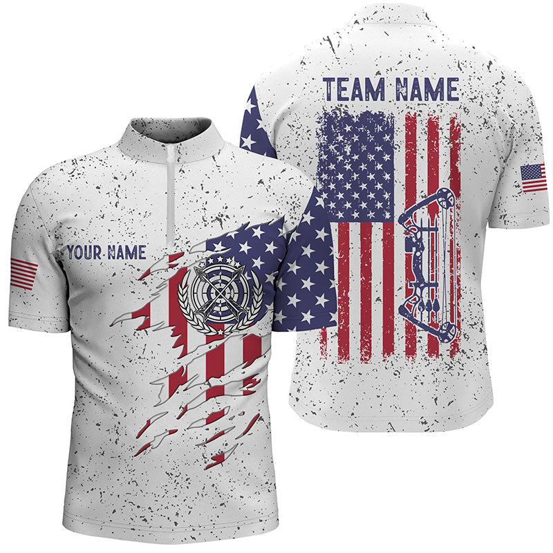 Personalized White Grunge US Flag Target Archery 3D Quarter-Zip Shirts, Bow Archery Shirts