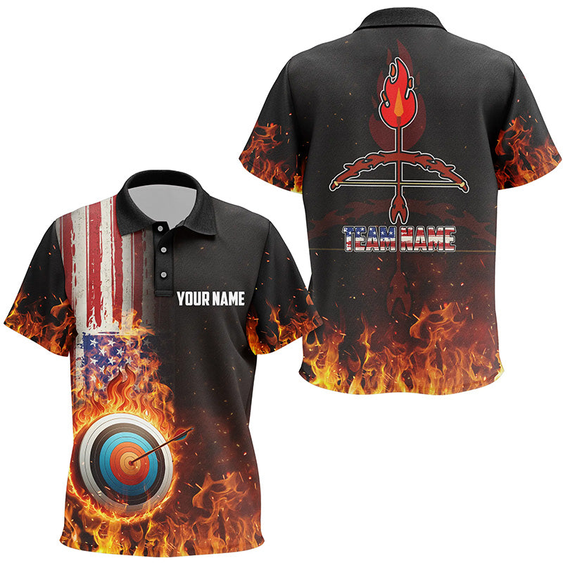 Personalized US Flag Flaming Target Archery 3D Polo Shirts, Fire Bow Arrow Archery Jerseys