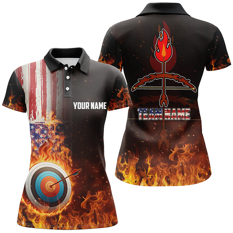 Personalized US Flag Flaming Target Archery 3D Polo Shirts, Fire Bow Arrow Archery Jerseys