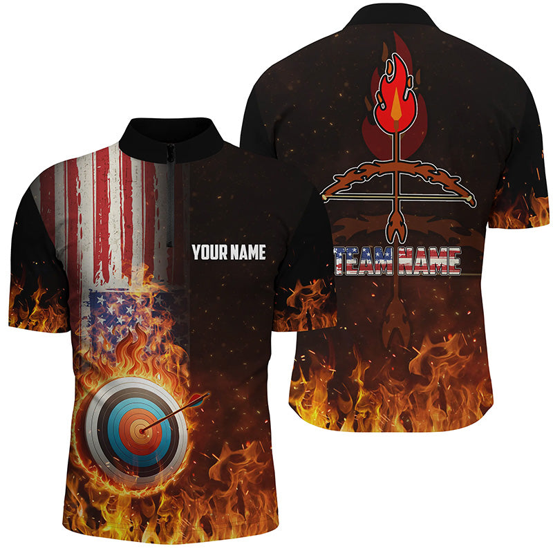 Personalized US Flag Flaming Target Archery 3D Quarter-Zip Shirts, Bow Arrow Archery Shirts