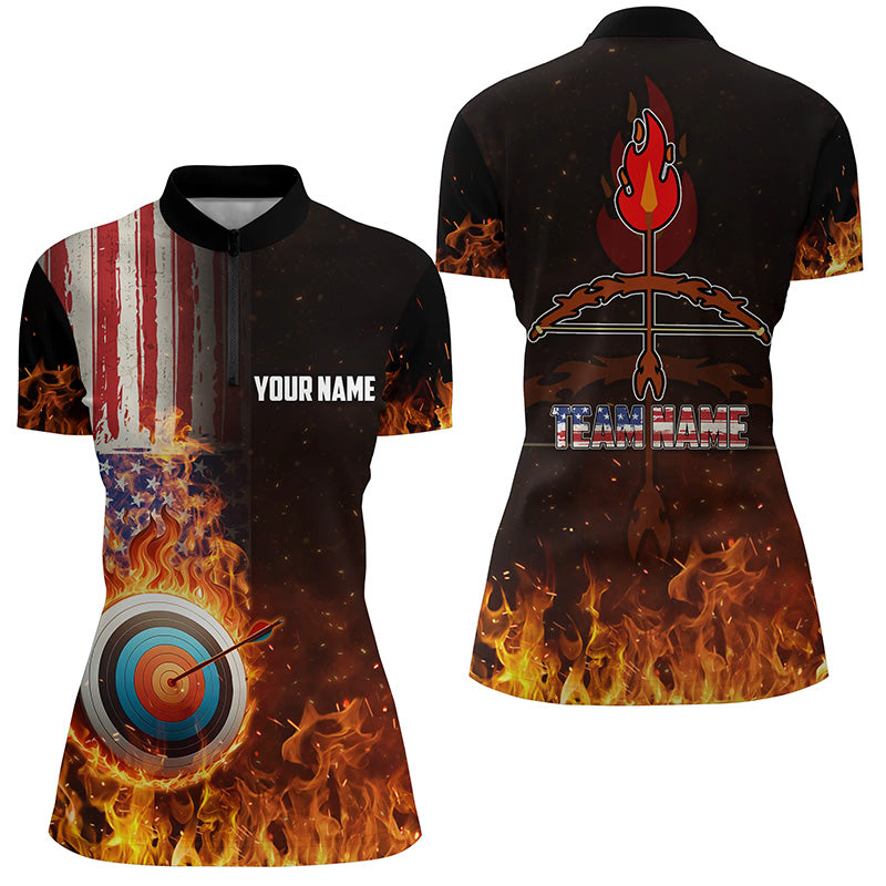 Personalized US Flag Flaming Target Archery 3D Quarter-Zip Shirts, Bow Arrow Archery Shirts