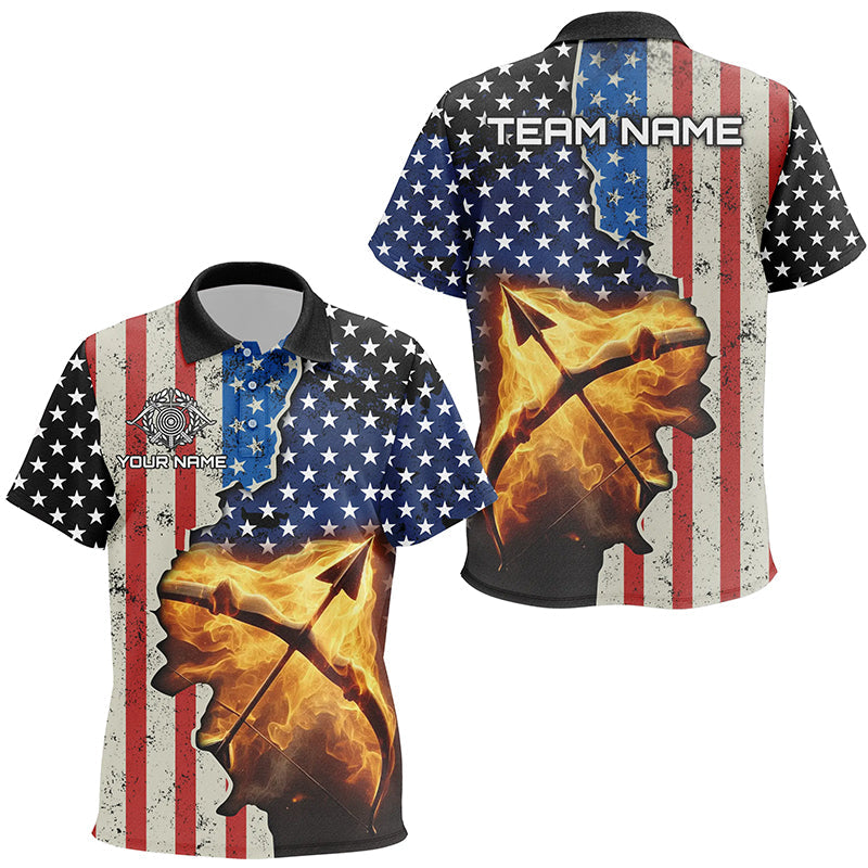 Personalized US Flag Archery Bow And Arrow Fire 3D Polo Shirts, Custom Archery Team Jerseys