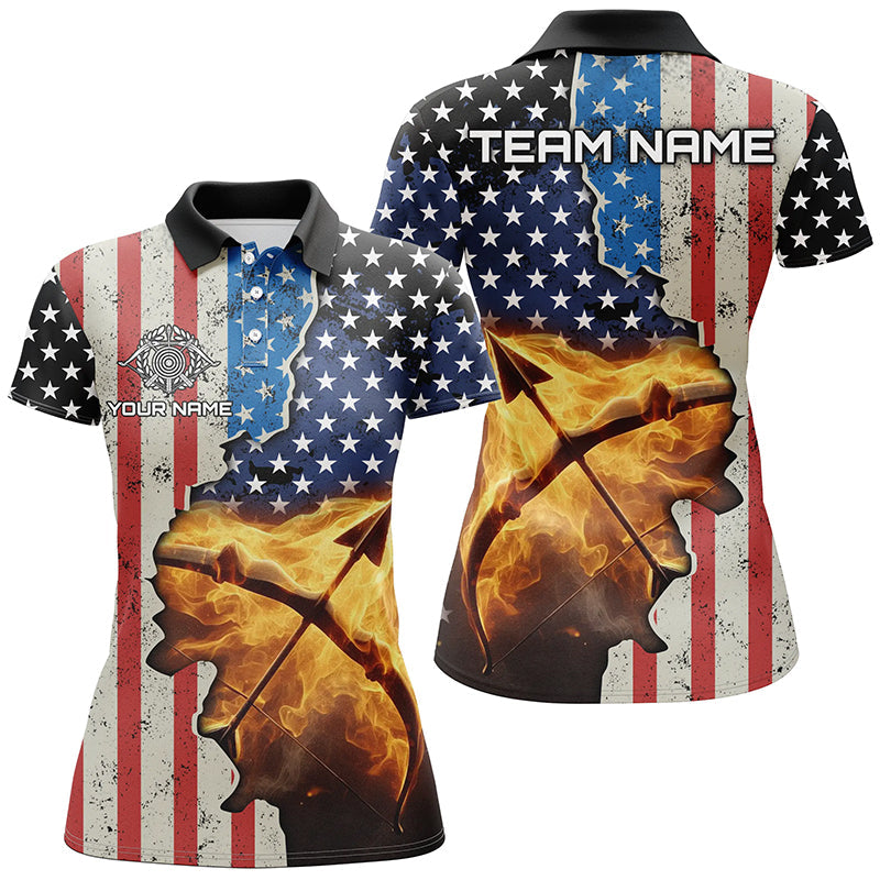 Personalized US Flag Archery Bow And Arrow Fire 3D Polo Shirts, Custom Archery Team Jerseys