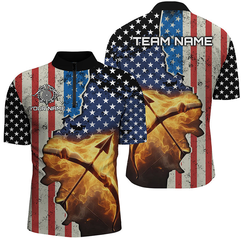Personalized US Flag Archery Bow And Arrow Fire 3D Quarter-Zip Shirts, Archery Team Jerseys