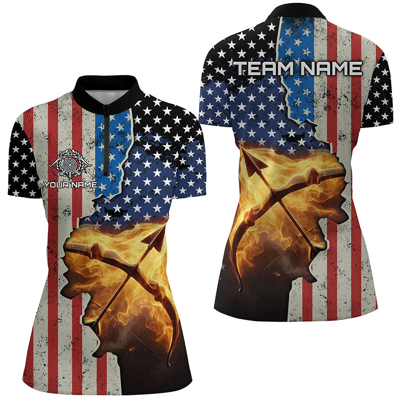 Personalized US Flag Archery Bow And Arrow Fire 3D Quarter-Zip Shirts, Archery Team Jerseys